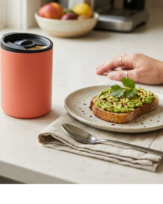 Ozkv Compact Insulated Travel Mug with Slider Lid 350 ml Coral - Lifestyle view