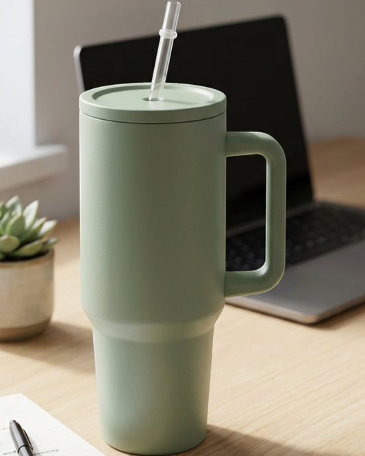 Ozkv Insulated Handle Tumbler with Straw 900 ml Sage - Lifestyle view