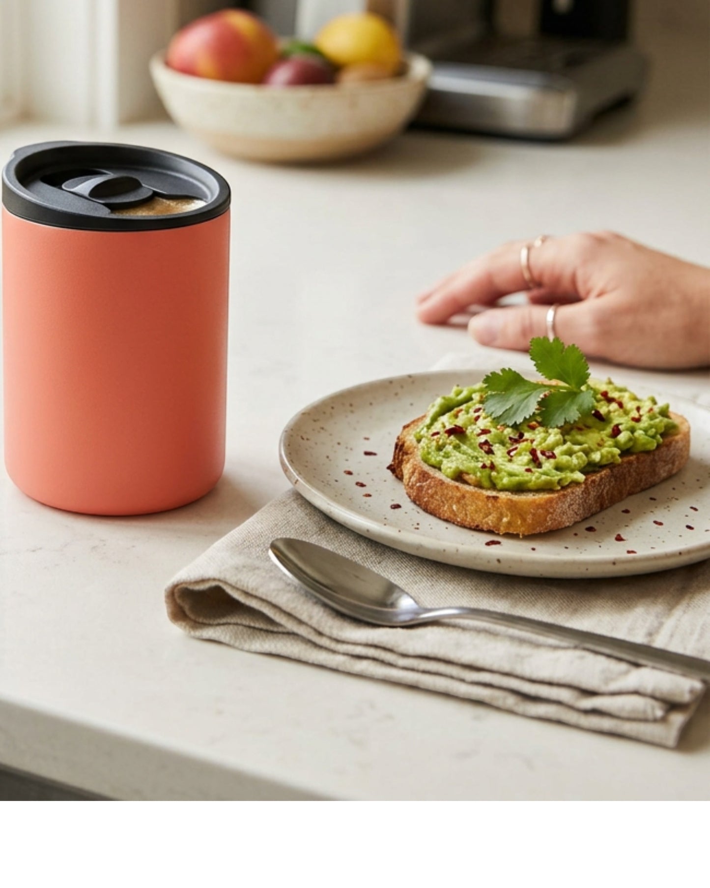 Ozkv Compact Insulated Travel Mug with Slider Lid 350 ml Coral - Lifestyle view