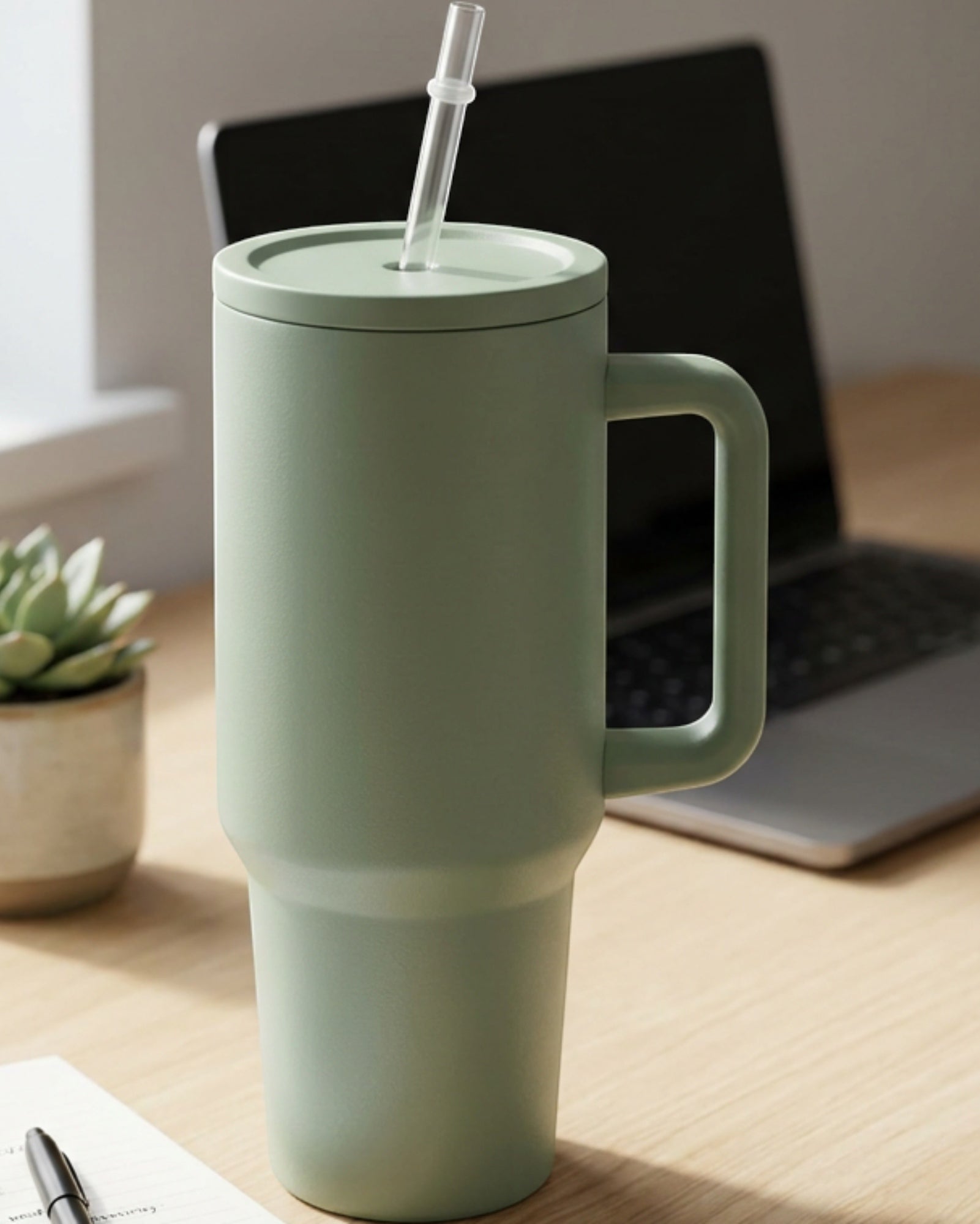 Ozkv Insulated Handle Tumbler with Straw 900 ml Sage - Lifestyle view